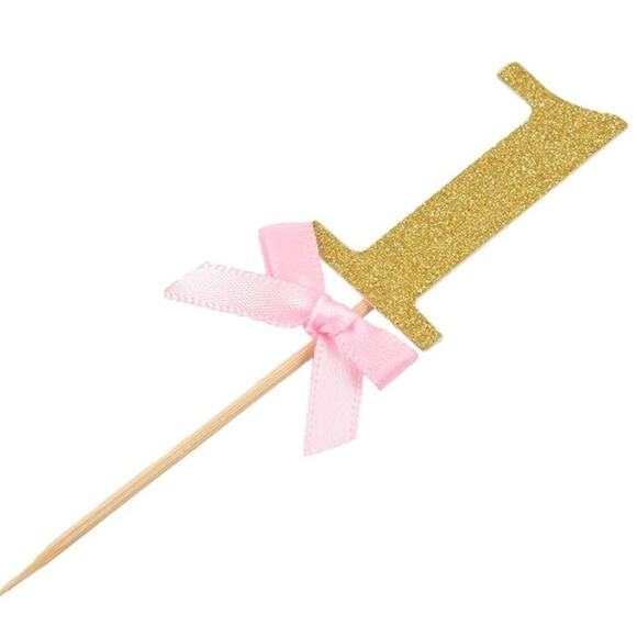 Baby Girl First Birthday Decorations Glitter Gold With Pink Bow Cupcake Toppers - Picture 2 of 5